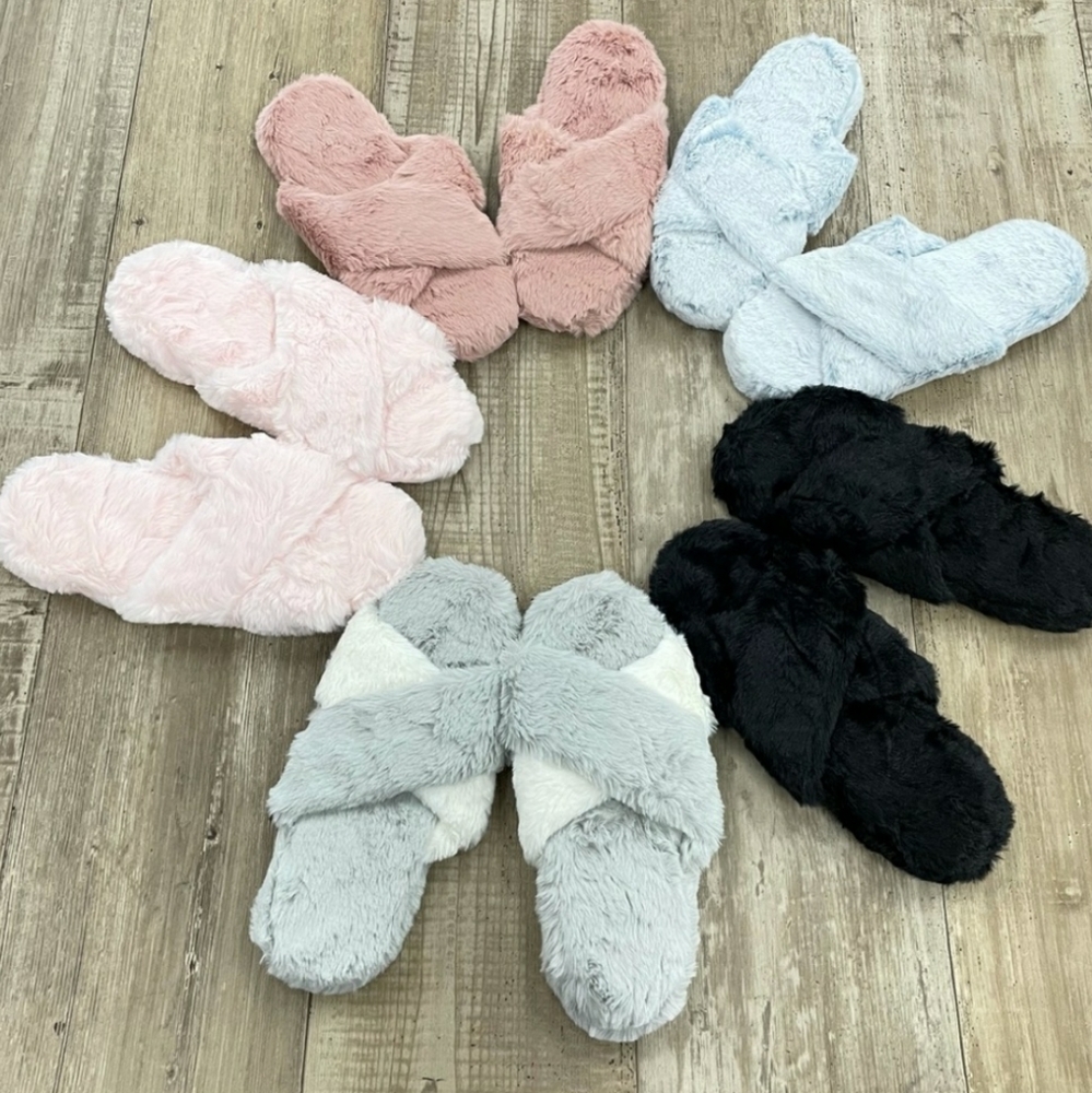 Cross Band Pink Fluffy Soft Slippers Large 9 / 10